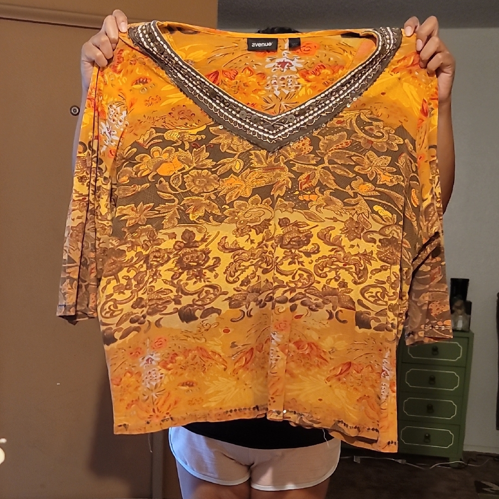 Avenue Orange and Brown Cotton Floral Blouse